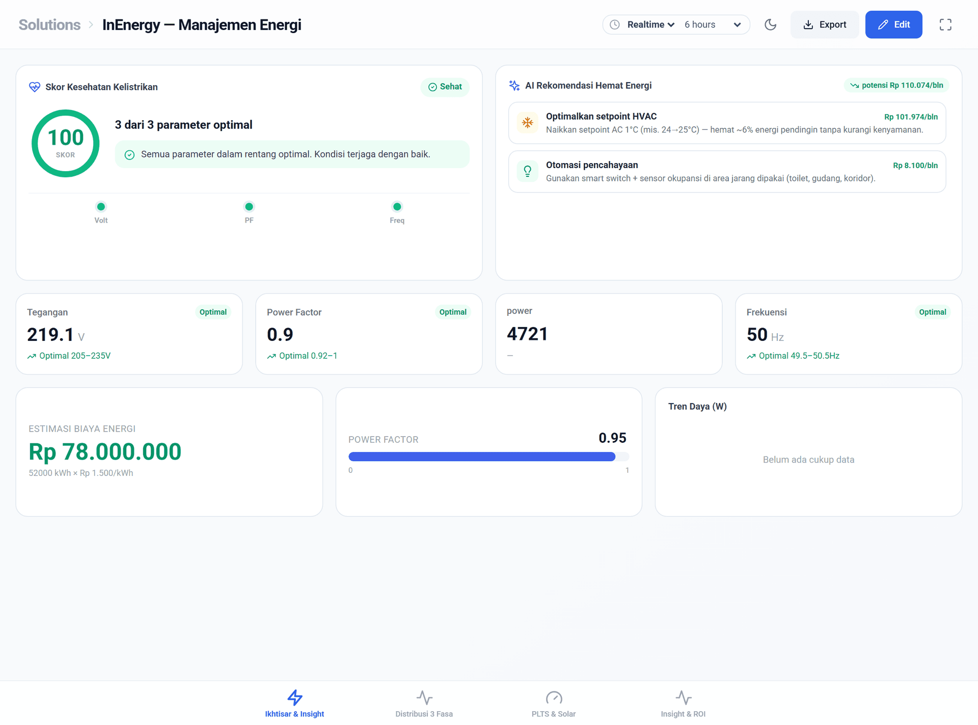 Dashboard bawaan: skor kesehatan, alarm, dan rekomendasi.